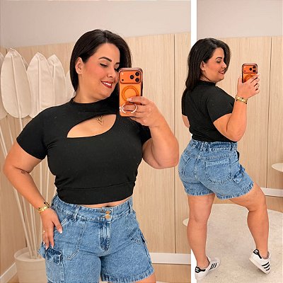 Cropped Canelado Lina Preto Plus SIze