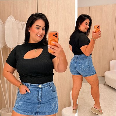 Cropped Canelado Lina Preto Plus SIze