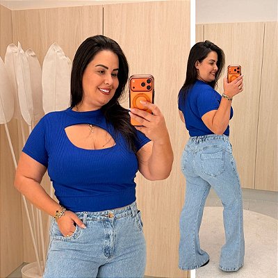 Cropped Canelado Lina Azul Royal Plus SIze