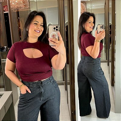 Cropped Canelado Lina Vinho Plus SIze
