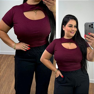 Cropped Canelado Lina Vinho Plus SIze