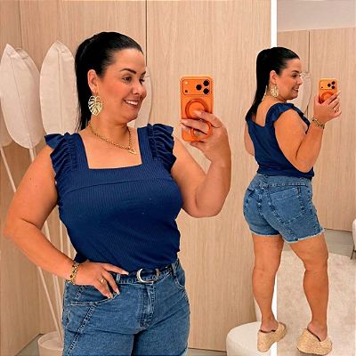 Regata Canelada Azul Marinho Plus Size