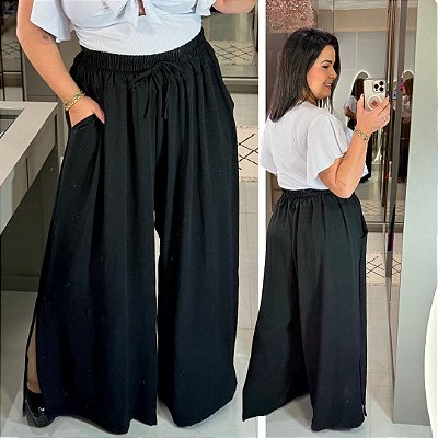 Calça Pantalona Cós Duplo Preta Plus Size