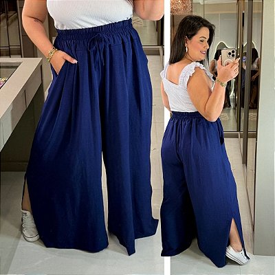 Calça Pantalona Cós Duplo Azul Marinho Plus Size