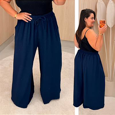 Calça Pantalona Cós Duplo Azul Marinho Plus Size