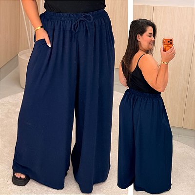 Calça Pantalona Cós Duplo Azul Marinho Plus Size