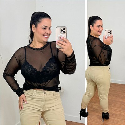 Blusa Tule Manga Longa Preto Plus Size