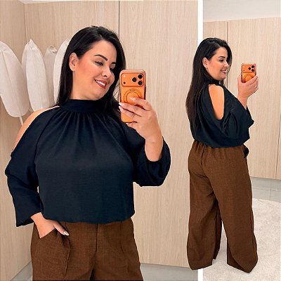 Blusa Manga Reina Preta Plus Size