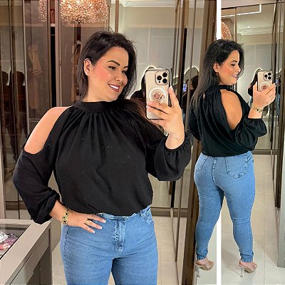 Blusa Manga Reina Preta Plus Size