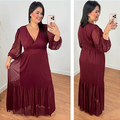Vestido Manga Longa Tule Vinho Plus Size