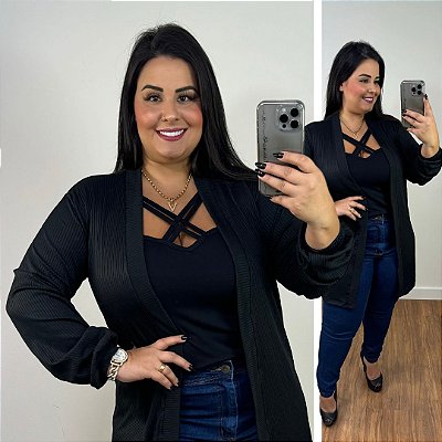 Cardigan Max Canelado Selena Preto Plus Size