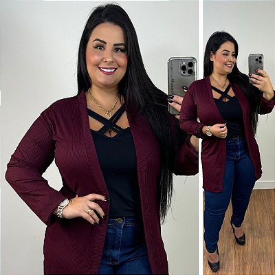 Cardigan Max Canelado Selena Vinho Plus Size