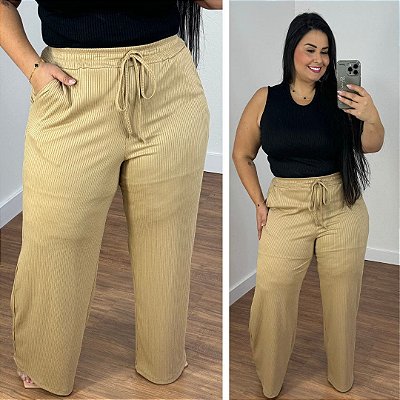 Calça Pantalona Canelada Veronica Bege Plus Size