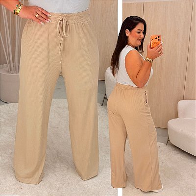 Calça Pantalona Canelada Veronica Bege Plus Size