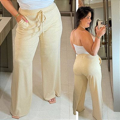Calça Pantalona Canelada Veronica Bege Plus Size