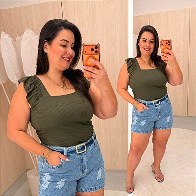 Regata Canelada Verde Militar Plus Size