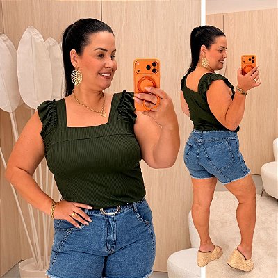 Regata Canelada Verde Militar Plus Size