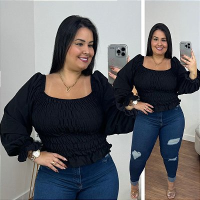 Cropped Elastex Manga Ive Preto Plus Size