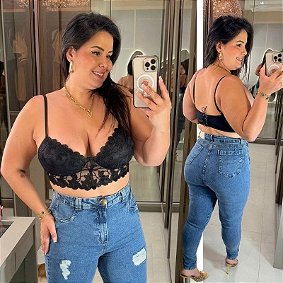 Cropped Bordado Renda Preto Plus Size