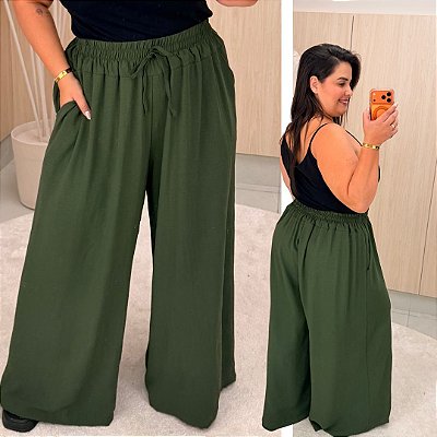 Calça Pantalona Cós Duplo Verde Militar Plus Size
