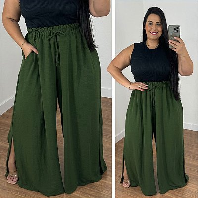 Calça Pantalona Cós Duplo Verde Militar Plus Size