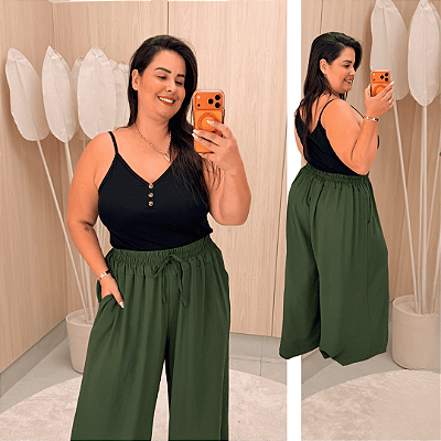 Calça Pantalona Cós Duplo Verde Militar Plus Size