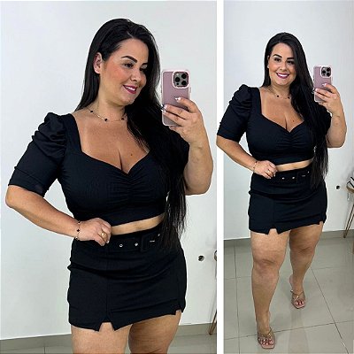 Conjunto Short Saia Ligia Preto Plus Size