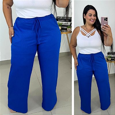 Calça Pantalona Canelada Veronica Azul Royal Plus Size