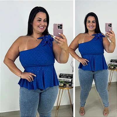 Blusa Bata Estrela Suzi Azul Plus Size