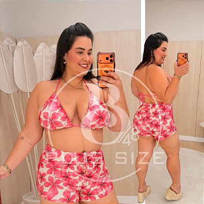 Biquíni com Short Perla Flor Rosa Plus Size