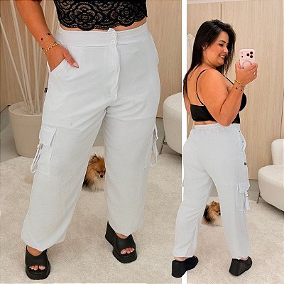 Calça Pantalona Fivela Mg Off White Plus Size