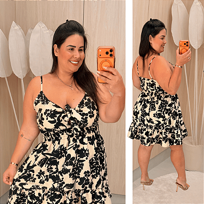 Vestido Susan Bege Estampado Preto Plus Size