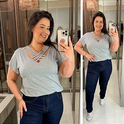 Blusa Gola Cruzada Cinza Plus Size