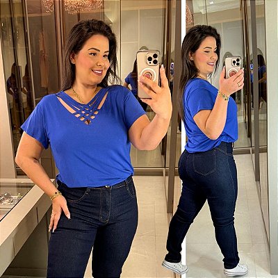 Blusa Gola Cruzada Azul Royal Plus Size