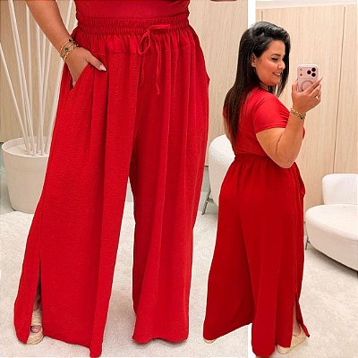 Calça Pantalona Cós Duplo Vermelha Plus Size