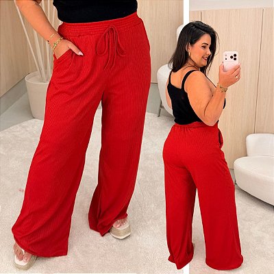 Calça Pantalona Canelada Verônica Vermelha Plus Size
