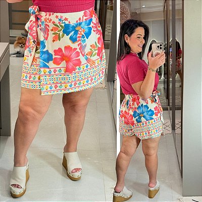 Short Saia Duda Floral Rosa Plus Size