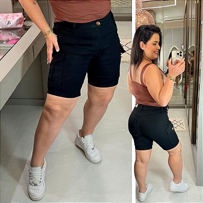 Bermuda Jeans B48 Sonia Cargo Preta Plus Size