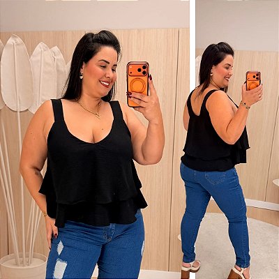 Blusa Regata Babado Lana Preta Plus Size
