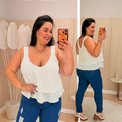 Blusa Regata Babado Lana Branca Plus Size