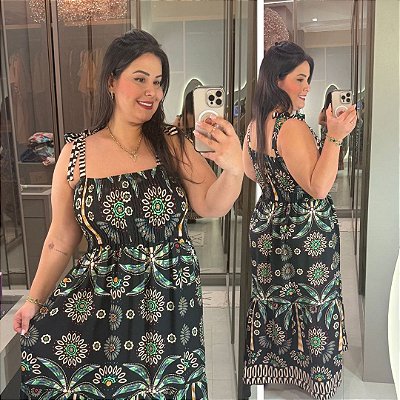 Vestido Alça Pâmela Preto Tropical Plus Size