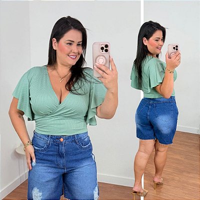 Cropped Canelado Aline Verde Menta Plus Size