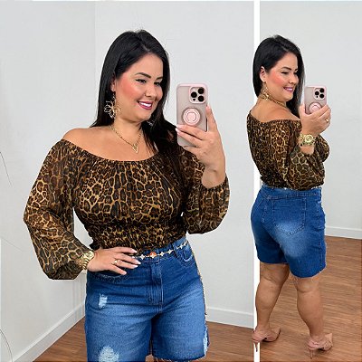 Cropped Nina Manga Tule Onça Plus Size
