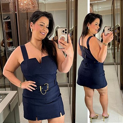 Macaquinho Vip Short Saia Azul Marinho Plus Size