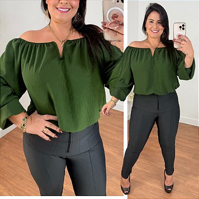 Blusa Manga Gola V Verde Militar Plus Size