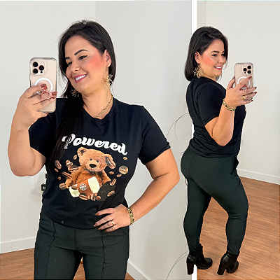 T shirt Algodão Powered Preto Plus Size