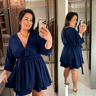 Macaquinho Cindy Manga Longa Azul Plus Size