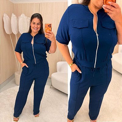 Conjunto Alice Moletinho Ziper Azul Marinho Plus Size