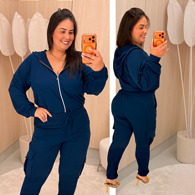 Conjunto Moletinho Cargo Zíper Azul Marinho Plus Size