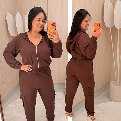 Conjunto Moletinho Cargo Zíper Marrom Plus Size
